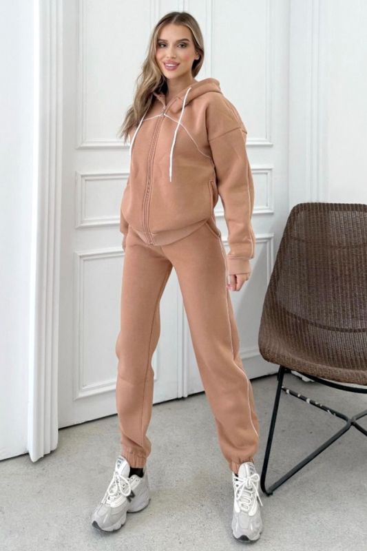 Trening vatuit cu fermoar, Zarah, bluza cu gluga si pantaloni, Bej