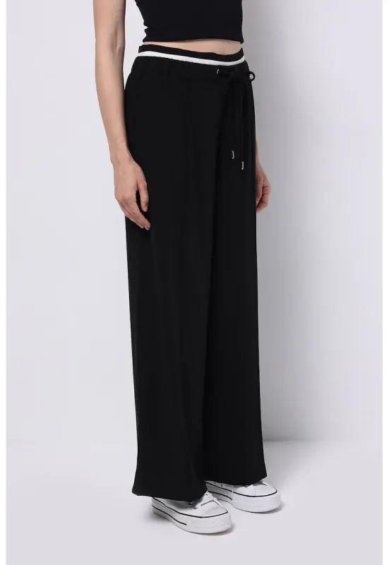 Pantaloni sport relaxed fit cu talie inalta ajustabila - Alb/Negru
