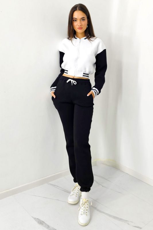 Trening bumbac vatuit College, bluza scurta cu fermoar si pantaloni, Negru