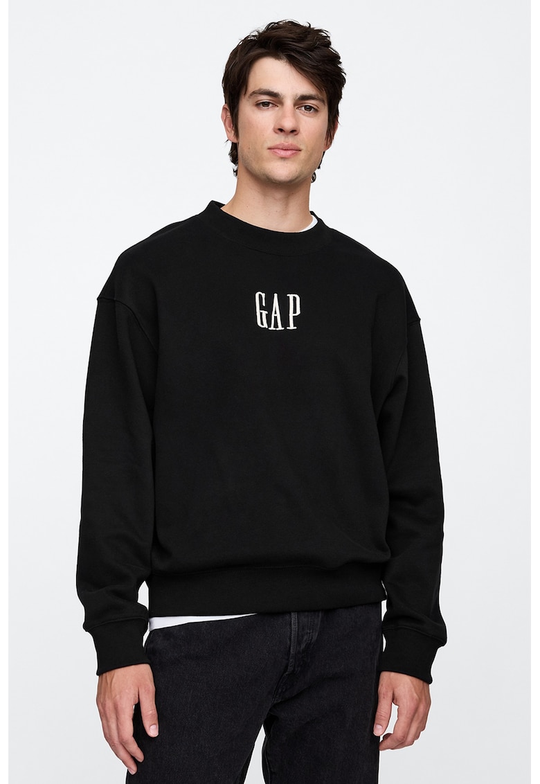 Bluza de trening relaxed fit cu logo si decolteu la baza gatului - Alb/Negru