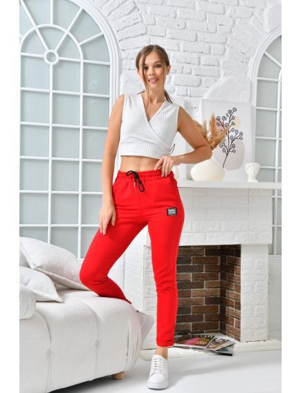 Pantaloni sport conici, uni, cu manseta, rosu