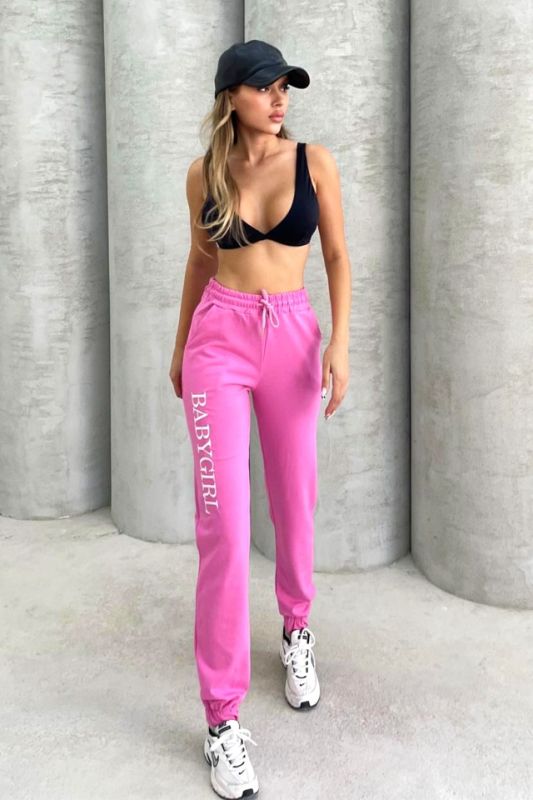 Pantaloni sport ISSA BabyGirl, cu imprimeu si banda elastica, Roz