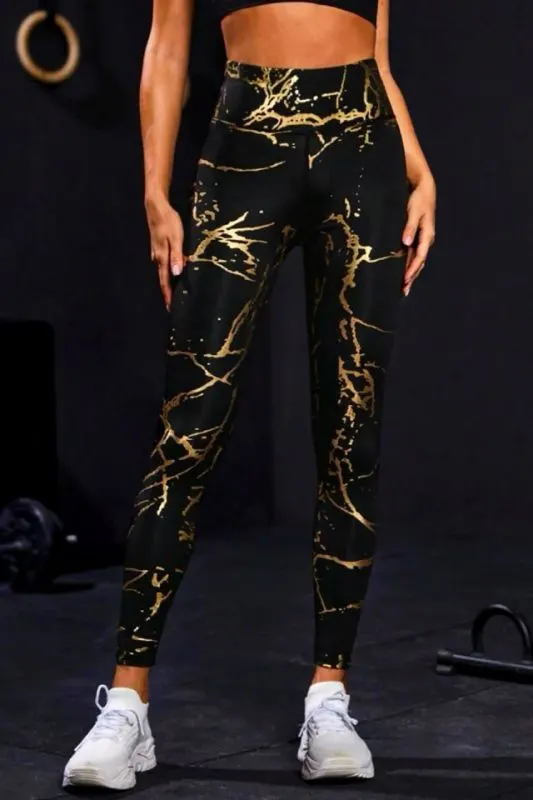 Colanti fitness Metallic Gold, cu banda lata modelatoare si imprimeu auriu