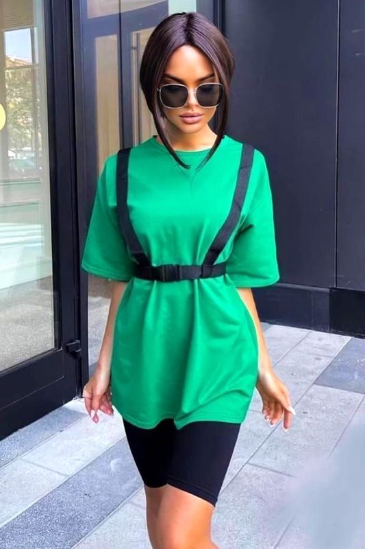 Compleu sport Cibyl, tricou lung cu ham si colanti scurti, Verde