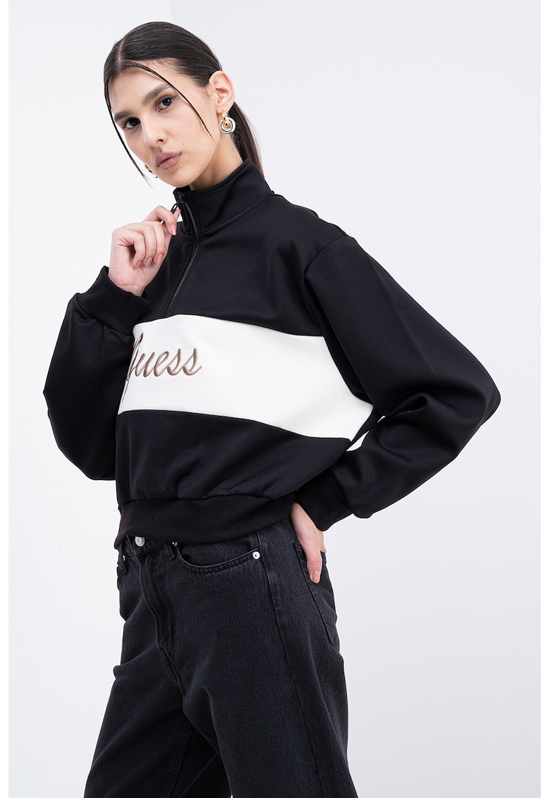 Bluza crop de trening cu croiala supradimensionata si fermoar scurt - Alb fildes/Negru