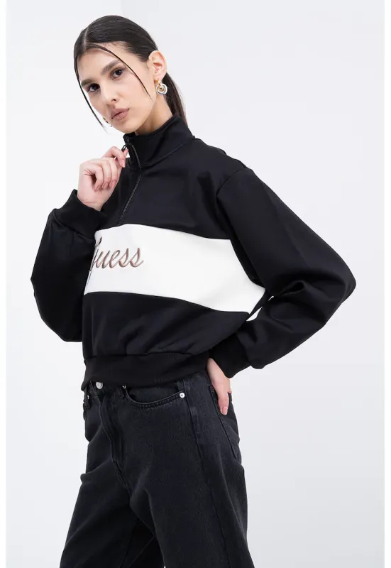 Bluza crop de trening cu croiala supradimensionata si fermoar scurt - Alb fildes/Negru