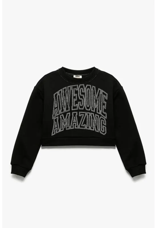 Bluza crop de trening cu imprimeu text - Alb/Negru