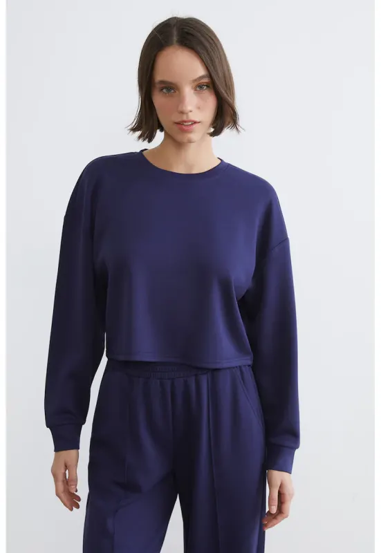 Bluza crop de trening cu maneci cazute - Bleumarin