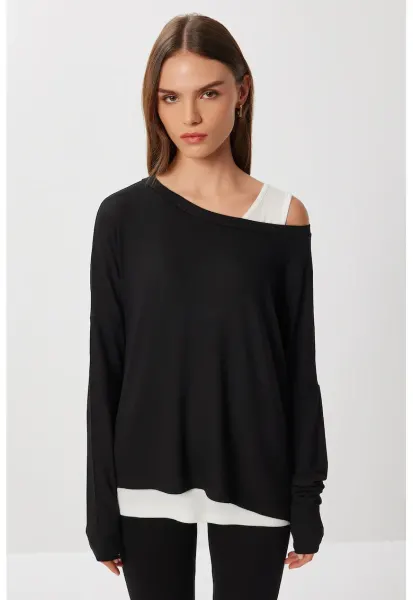 Bluza dama - Happiness Istanbul - cu maneca lunga - decolteu barca - negru