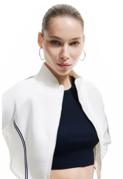 Bluza de trening crop cu fermoar si guler mediu - Alb fildes/Negru