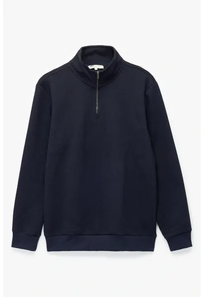 Bluza de trening cu aspect texturat si guler mediu - Bleumarin