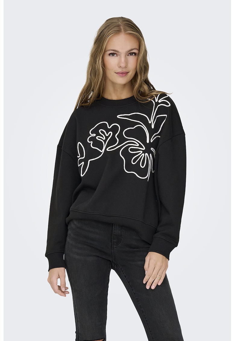 Bluza de trening cu broderie florala - Alb/Negru