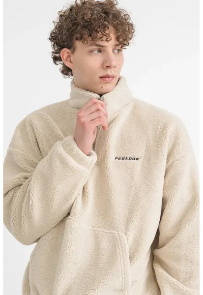 Bluza de trening cu buzunar kangaroo si fenta cu fermoar - Bej deschis