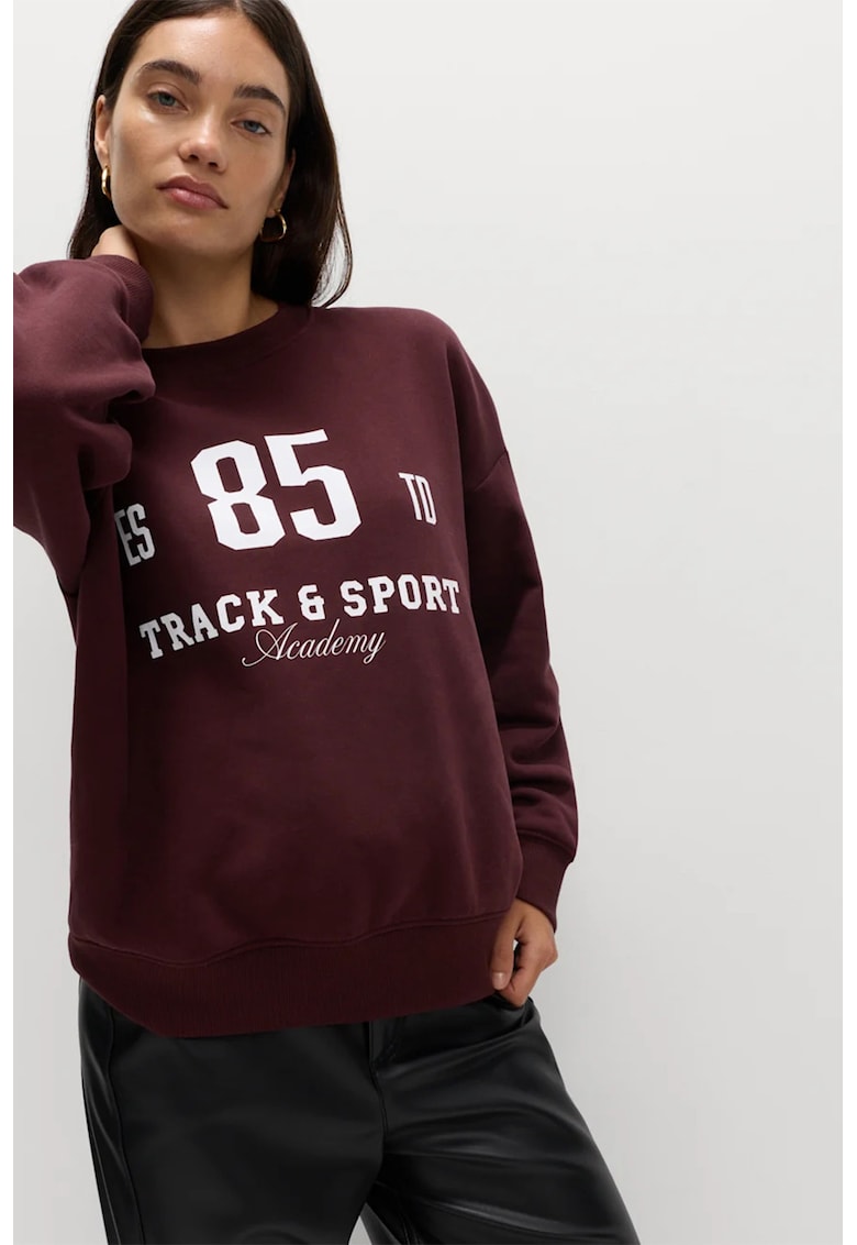 Bluza de trening cu croiala lejera si imprimeu text - Maro cognac/Alb optic