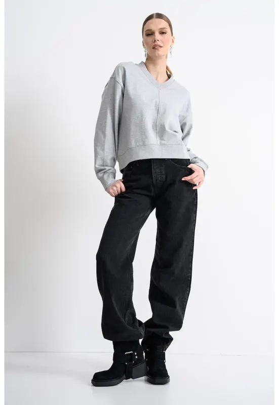 Bluza de trening cu decolteu in V - Gri melange