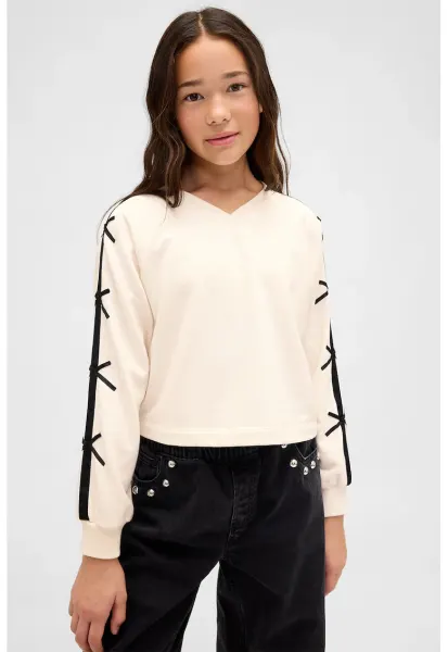 Bluza de trening cu decolteu in V si dungi contrastante - Alb fildes/Negru
