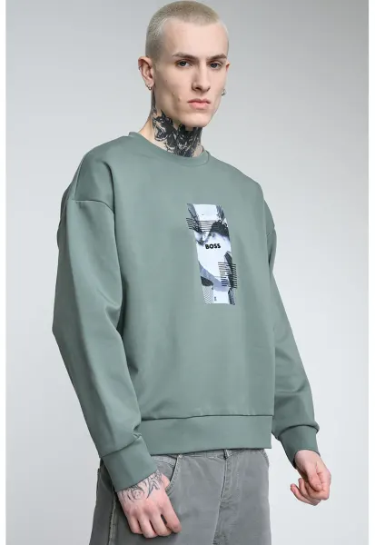 Bluza de trening cu decolteu la baza gatului si imprimeu logo - Alb/Verde feriga