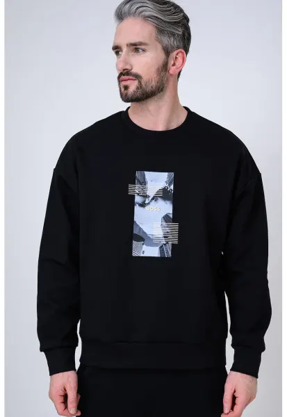 Bluza de trening cu decolteu la baza gatului si imprimeu logo - Negru/Albastru