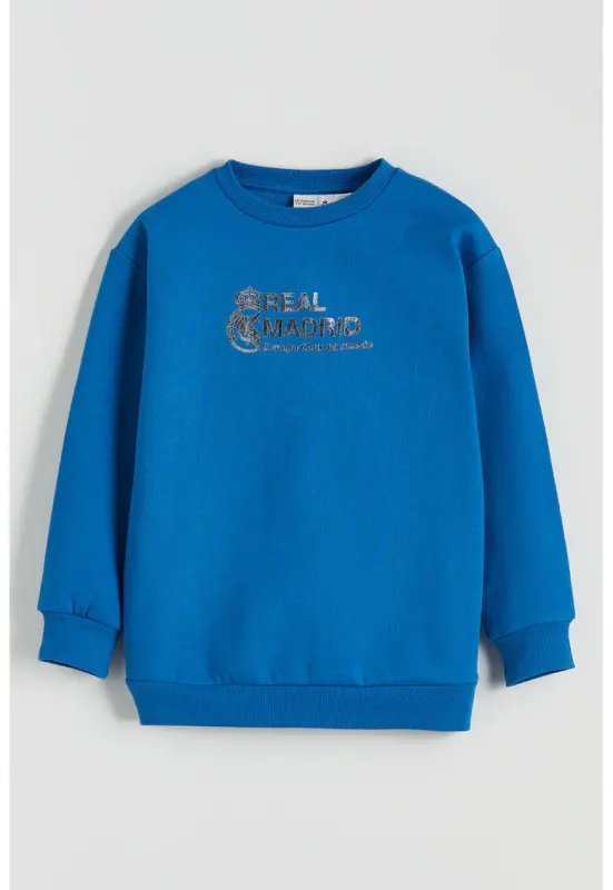Bluza de trening cu decolteu la baza gatului si imprimeu text - Albastru royal