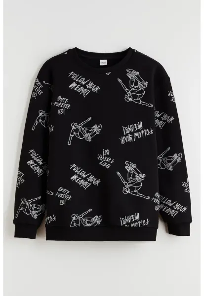 Bluza de trening cu decolteu la baza gatului si model grafic - Alb/Negru