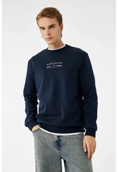 Bluza de trening cu decolteu la baza gatului si text - Bleumarin