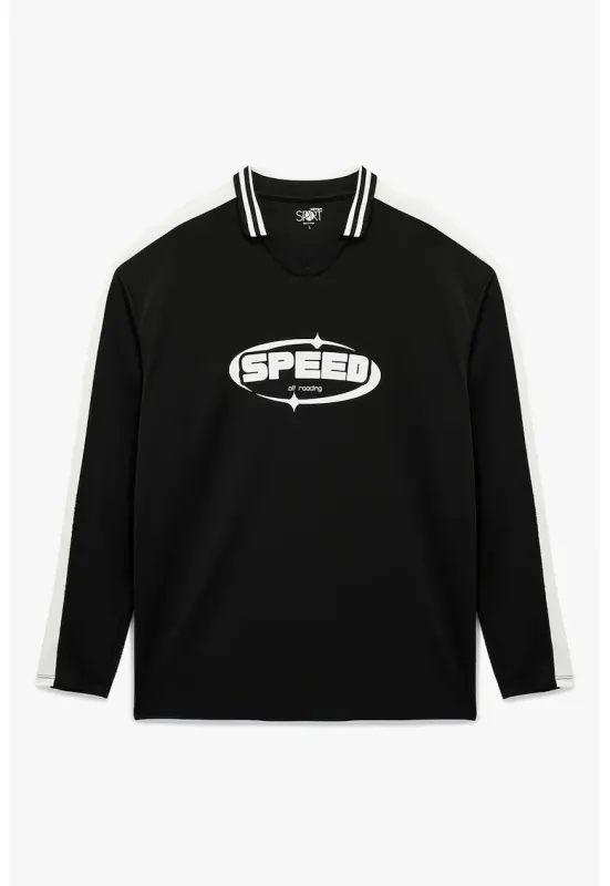 Bluza de trening cu design text si decolteu polo - Alb/Negru