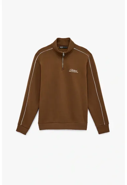 Bluza de trening cu fenta cu fermoar si benzi contrastante - Maro cognac
