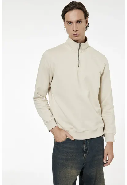 Bluza de trening cu fenta cu fermoar si model uni - Alb fildes