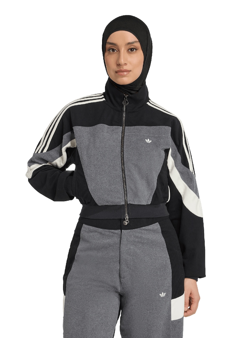 Bluza de trening cu fermoar si guler mediu - Negru/Alb murdar/Gri inchis