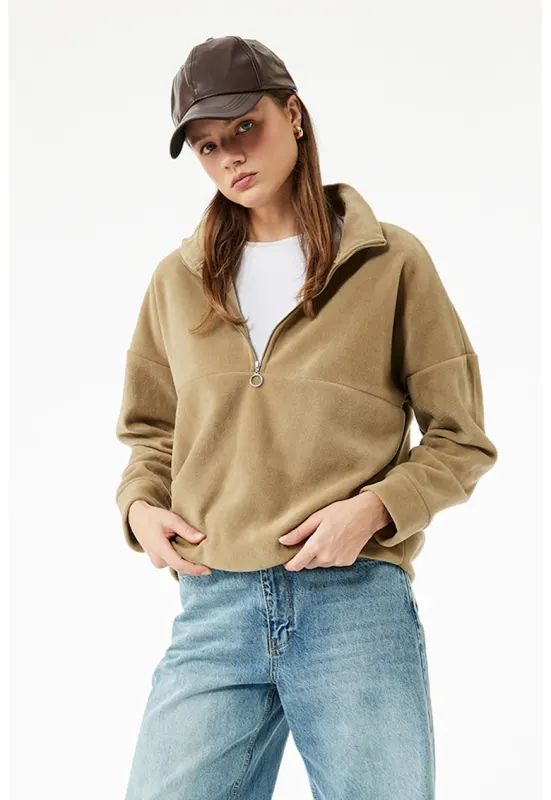 Bluza de trening cu fermoar si maneci cazute - Maro nisip
