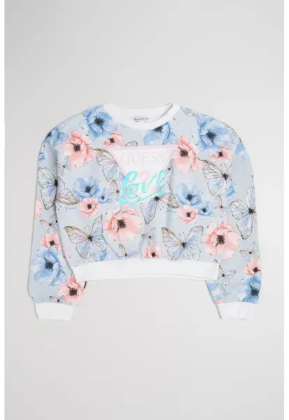 Bluza de trening cu imprimeu floral - mansete elastice si terminatie - Albastru deschis