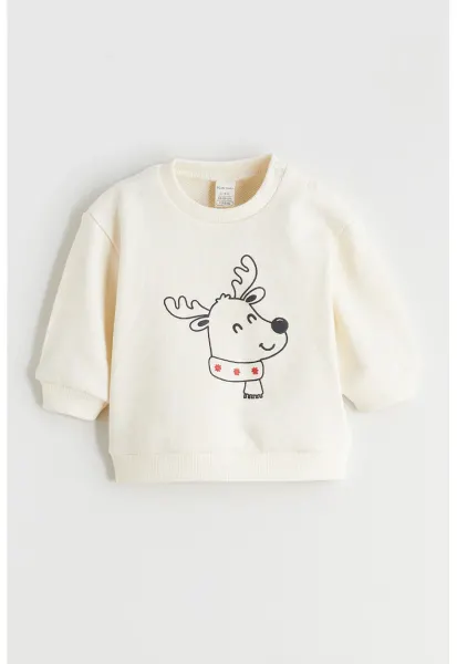Bluza de trening cu imprimeu si capse pe umar - Crem