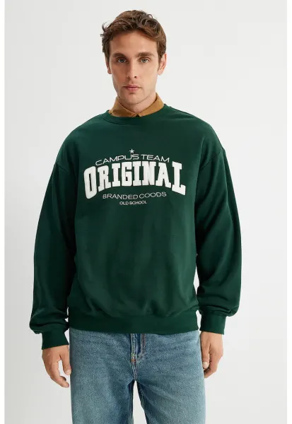 Bluza de trening cu imprimeu text - Alb/Verde padure