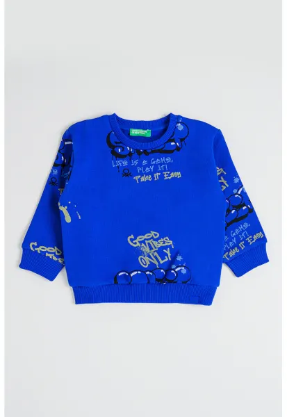 Bluza de trening cu imprimeu text - Albastru royal/Verde fistic