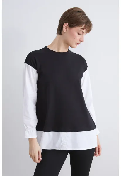 Bluza de trening cu maneci cazute si decolteu la baza gatului - Alb/Negru
