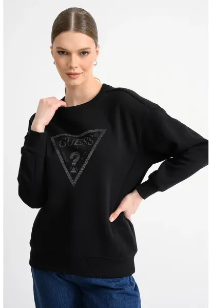 Bluza de trening cu maneci cazute si logo din strasuri - Negru