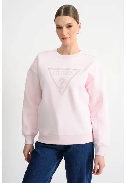 Bluza de trening cu maneci cazute si logo din strasuri - Roz pastel/Argintiu