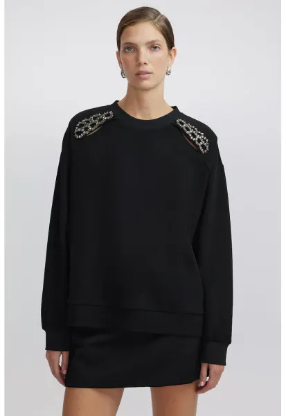 Bluza de trening cu margele si decolteu la baza gatului - Auriu/Negru
