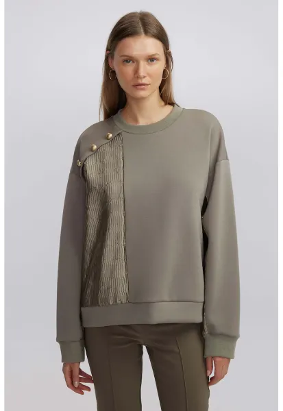 Bluza de trening cu margele si decolteu la baza gatului - Maro taupe