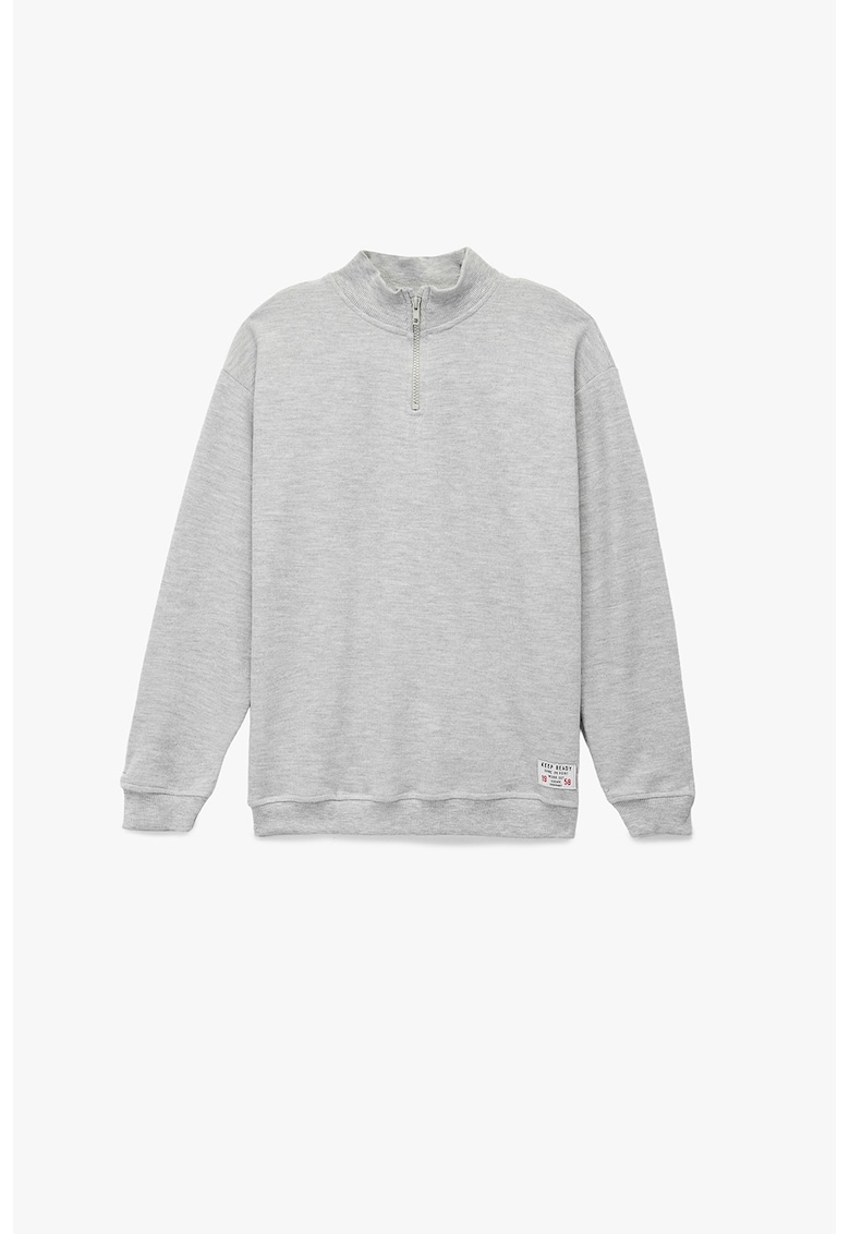 Bluza de trening de bumbac cu fermoar scurt - Gri deschis melange