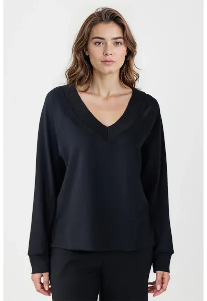 Bluza de trening din amestec de modal cu croiala lejera si decolteu in V - Negru