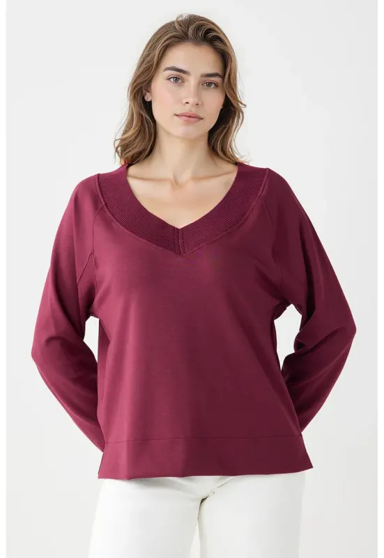 Bluza de trening din amestec de modal cu croiala lejera si decolteu in V - Visiniu