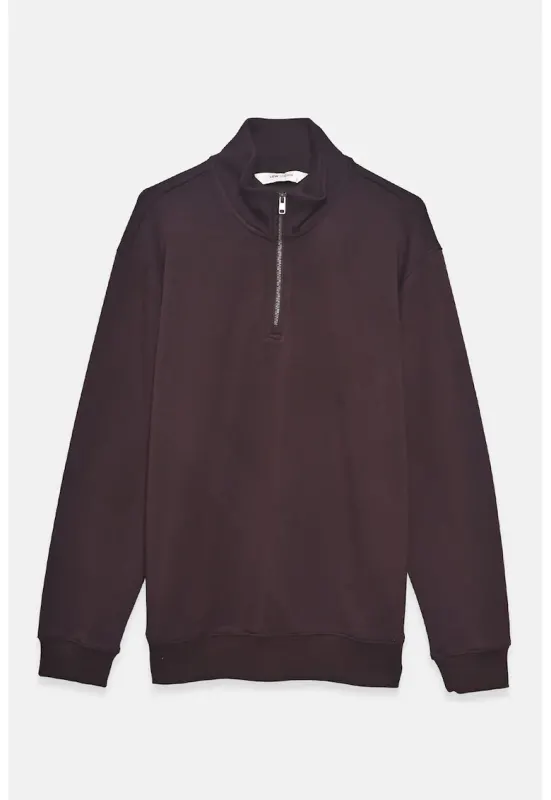 Bluza de trening din amestec de modal cu fenta cu fermoar - Maro inchis