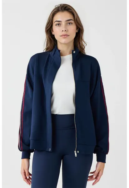 Bluza de trening din amestec de modal cu fermoar - Alb/Rosu inchis/Bleumarin