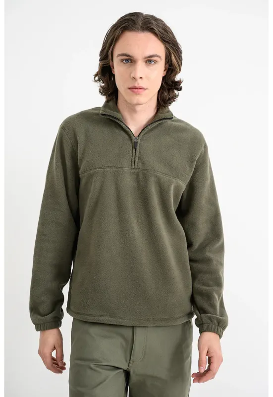 Bluza de trening din material fleece si fermoar scurt - Kaki pal