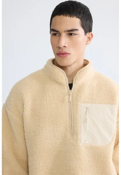 Bluza de trening din material teddy cu fenta cu fermoar - Maro taupe deschis