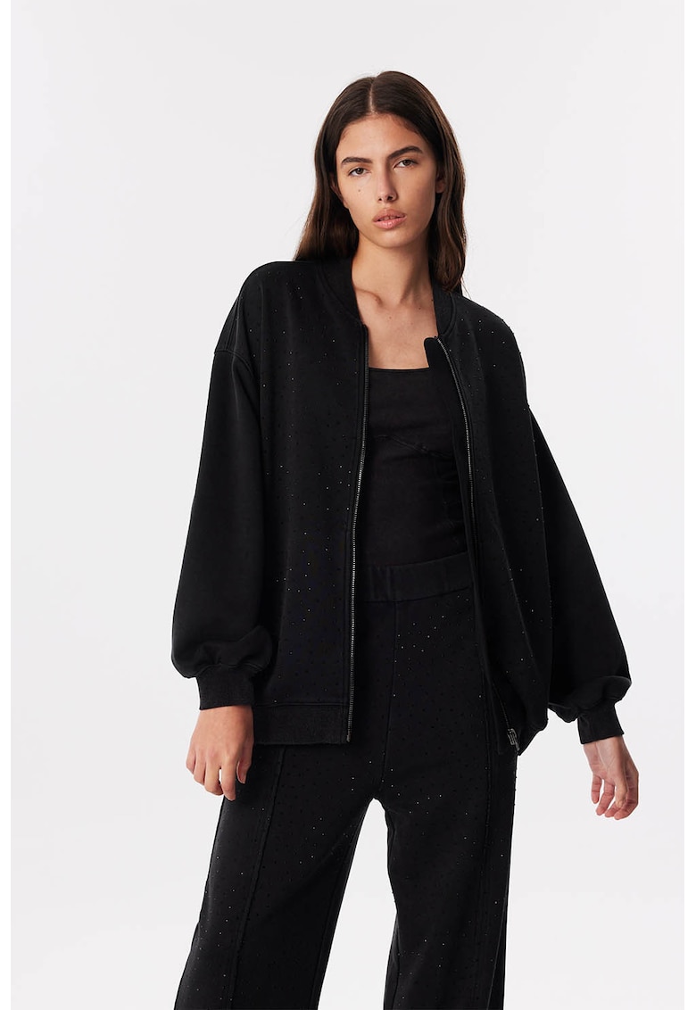 Bluza de trening lejera cu fermoar si strasuri - Negru