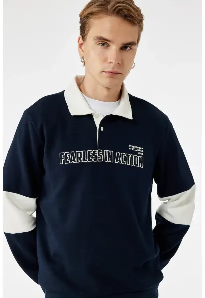 Bluza de trening polo din amestec de bumbac cu fenta cu nasturi - Alb/Bleumarin