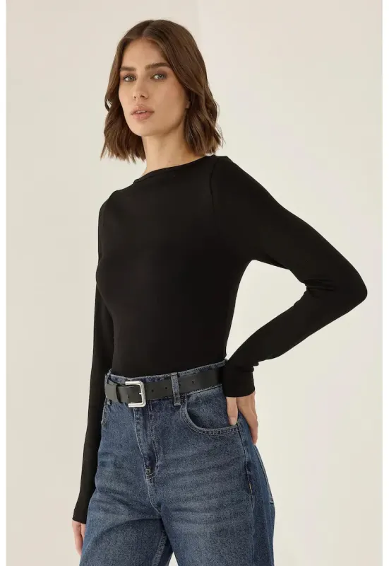 Bluza guler tip barca - maneca lunga - negru - jerseu