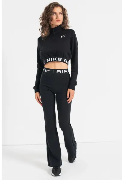 Bluza sport crop cu fermoar scurt si logo - Negru